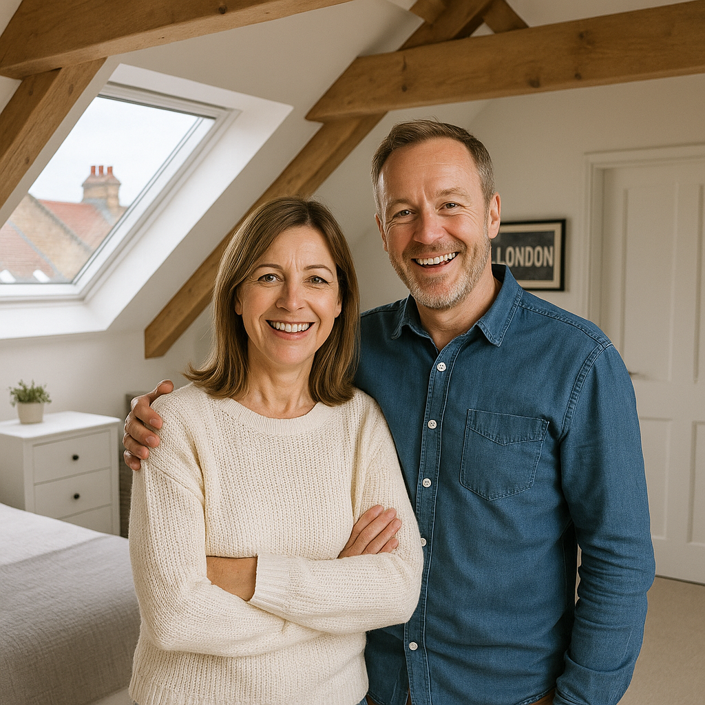 Delighted couple in their newly converted loft space with exposed beams and modern finishes