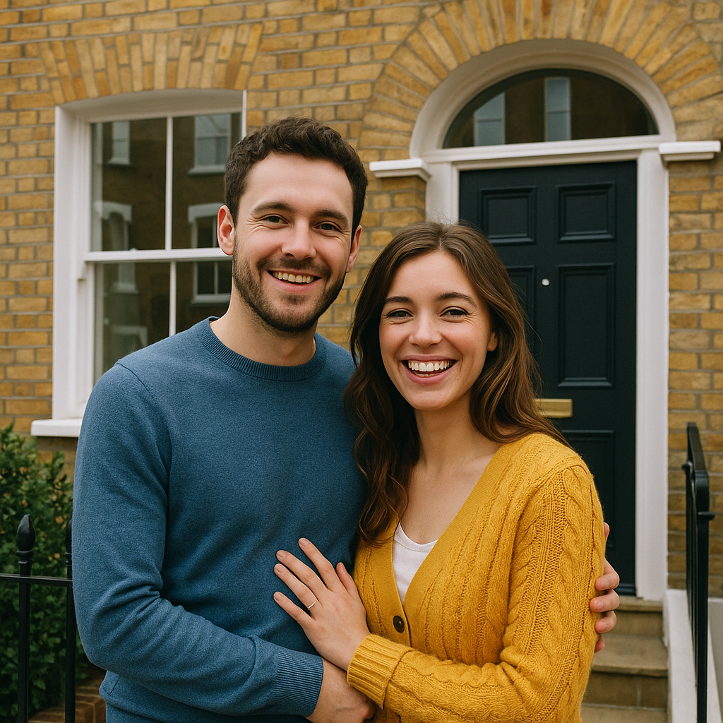 Happy homeowners standing in front of their beautiful London home after True Linear renovation